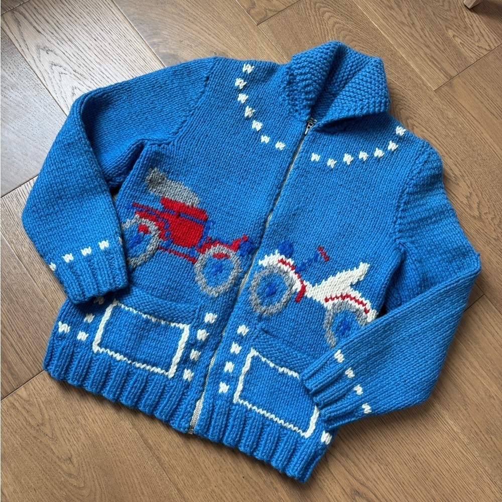 Native Cowichan Sweater Vintage Cardian - Automobiles/Cars - Ladies Small - Blue - Picture 2 of 8